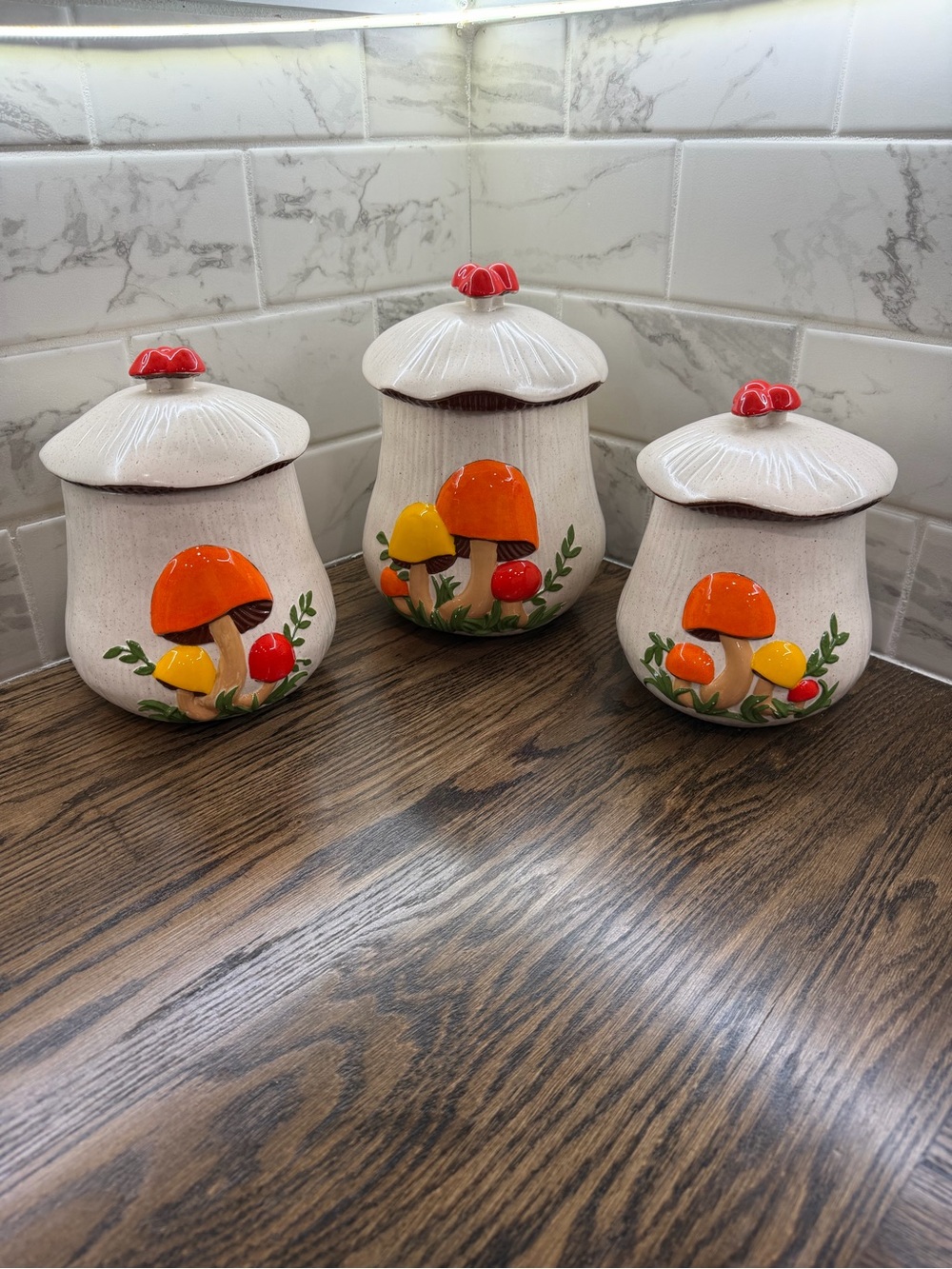 Ceramic Mushroom Canister Set - Orange & Yellow Accents